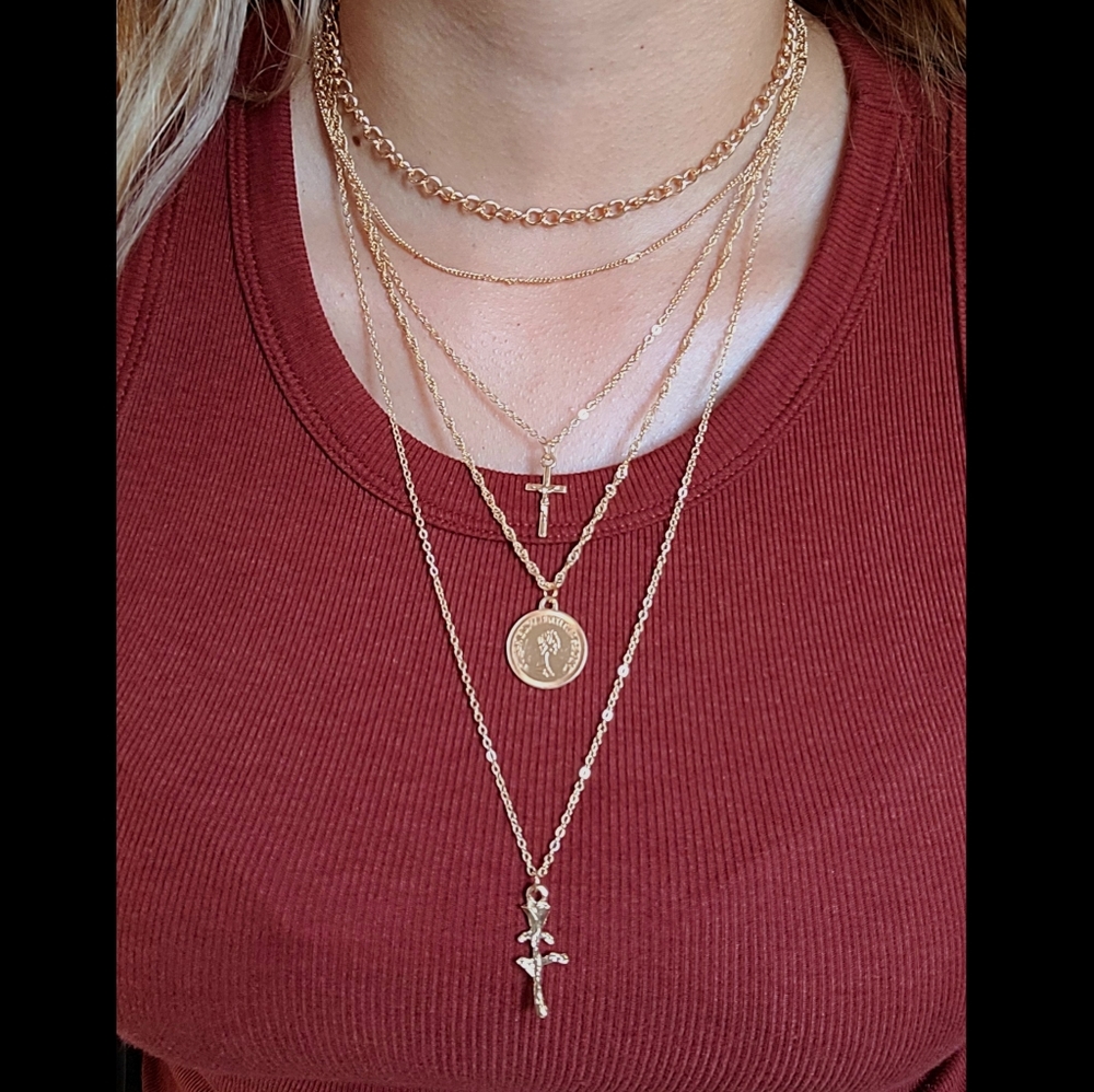 Rose cross layered necklace